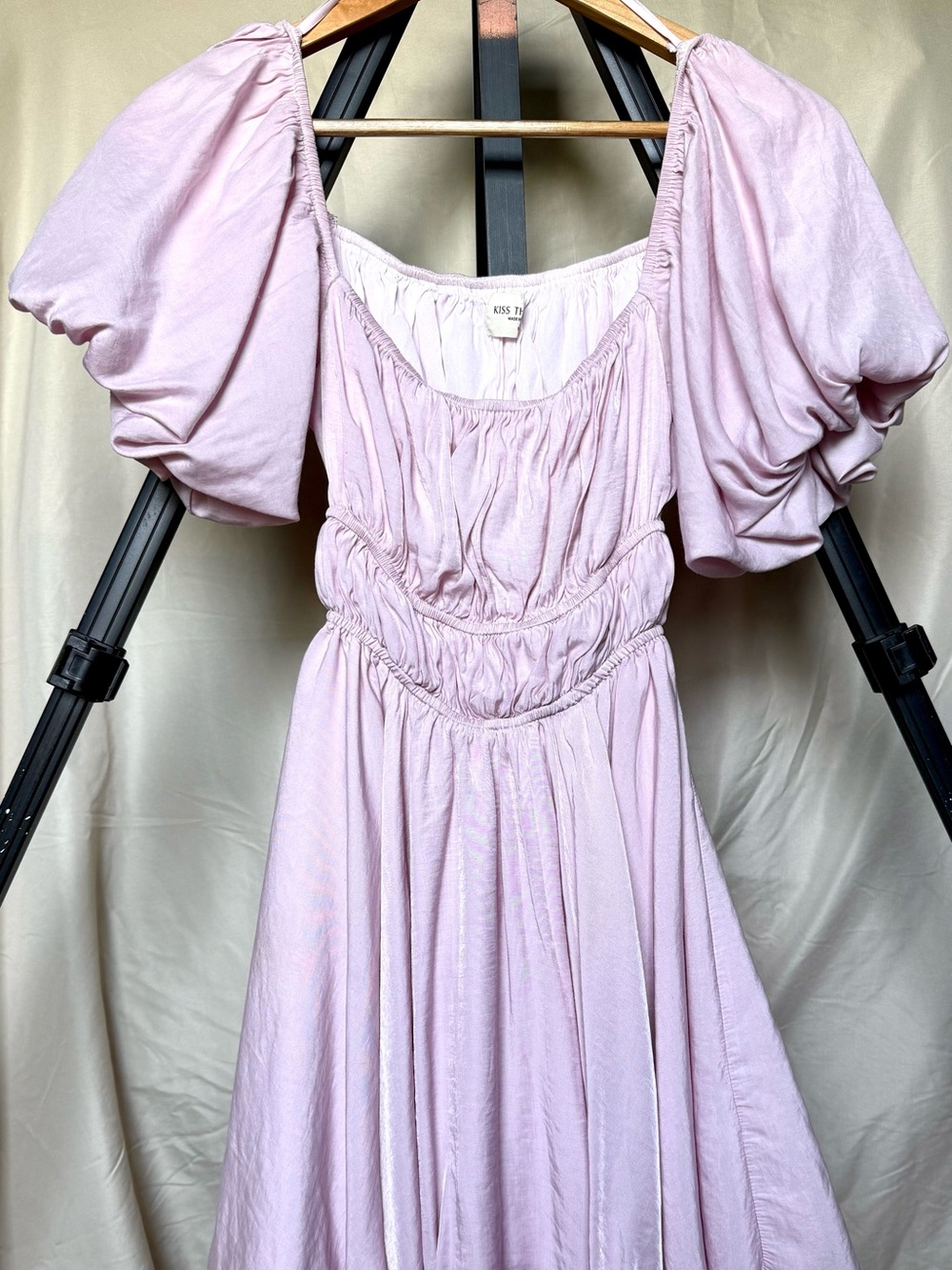Pastel Puff-Sleeve Midi Dress in Light Pink